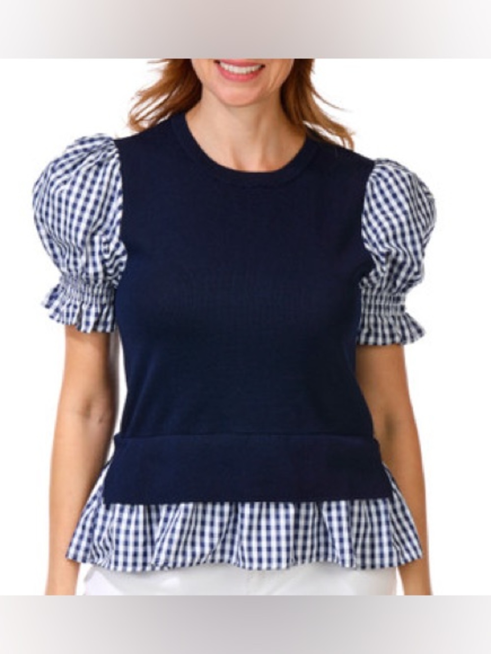 Nanette LePore navy blue gingham combo vest top